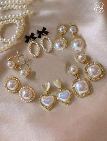 6pairs/Set Faux Pearl Butterfly & Bowknot & Heart Shape & Cross & Rhinestone Decor Stud Earrings