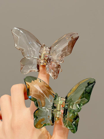 2pcs Women Fairy-Like Lovely Green/Brown Iridescent Butterfly Style Lightweight Plastic Hair Clips
