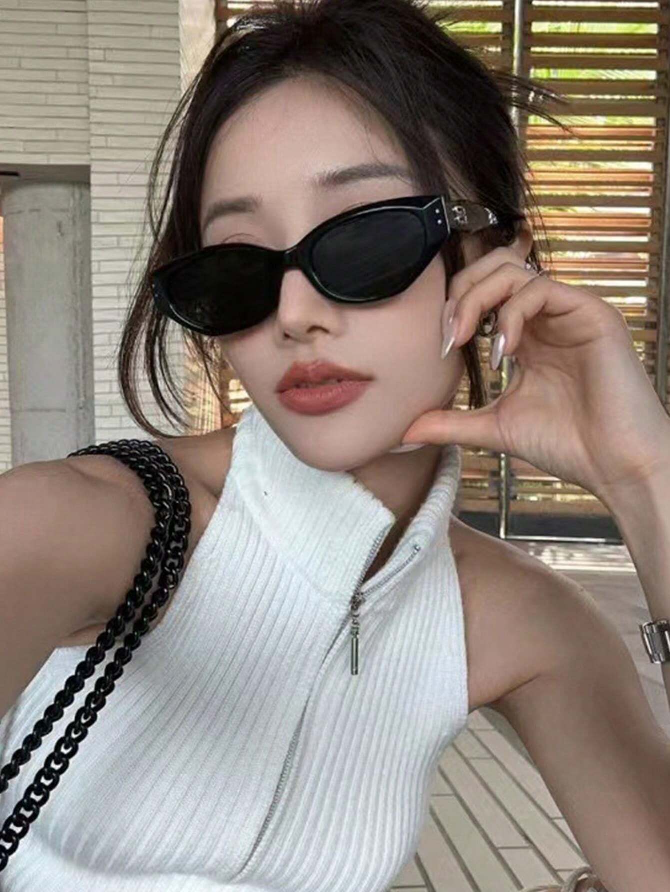 1pc Black Frame Black Lens Uv Protection Cat Eye Sunglasses For Women