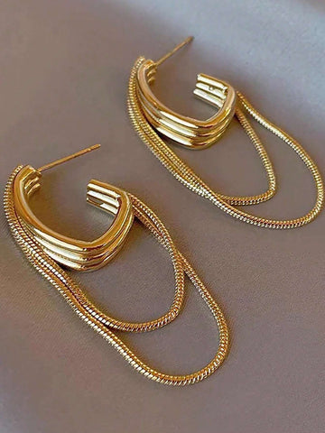 1pair Fashionable Multilayer Circle Chain & Tassel Personality Earrings