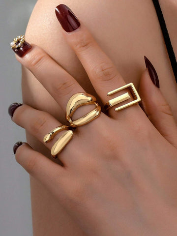 3 Bohemian Style Personalized Lucky Water Drop Geometric Rings Set, Alloy Material Ring