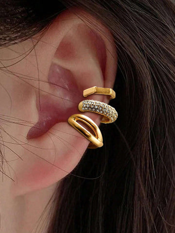 3pcs Simple Rhinestone Clip-on Earrings Set For Women