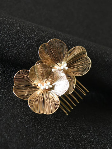 1pc Women's Golden Alloy Flower Hair Comb For Bridal Wedding Party Elegant