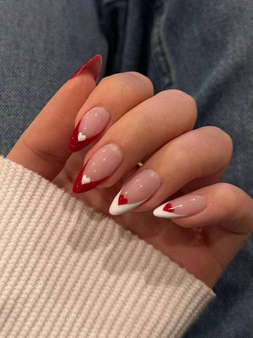24pcs Press On Nails Long Almond French & Red Heart Pattern Design Fake Nail Set