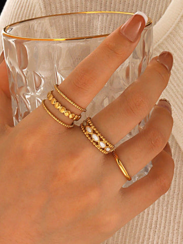 3pcs Stainless Steel 18K Gold Plated Simple & Fashionable Line Design Open Ring Set Suitable For Women's Daily Wear