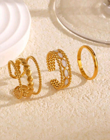 3pcs Stainless Steel 18K Gold Plated Simple & Fashionable Line Design Open Ring Set Suitable For Women's Daily Wear