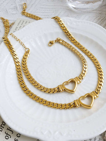 2pcs/set Trendy Stainless Steel Chain Necklace With Hollow Out Heart Pendant, Flat Snake Chain Bracelet Fashion Jewelry Kit