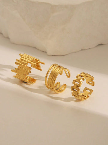 3pcs Stainless Steel Trendy Hollow Asymmetrical Geometric Butterfly Wing Curved Textured Multi-Layer Rings Set For Women, Suitable For Daily Wear