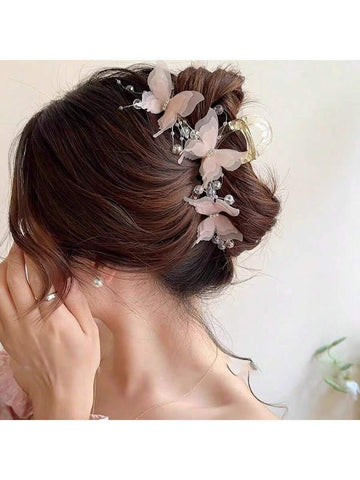 1pc Pink/White Butterfly Beaded Elegant And Sweet Mesh Hair Claw
