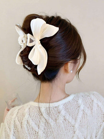 1pc Women White Bowknot Pearl Big Size Sweet Hair Claw Clip For Updo Hairstyles