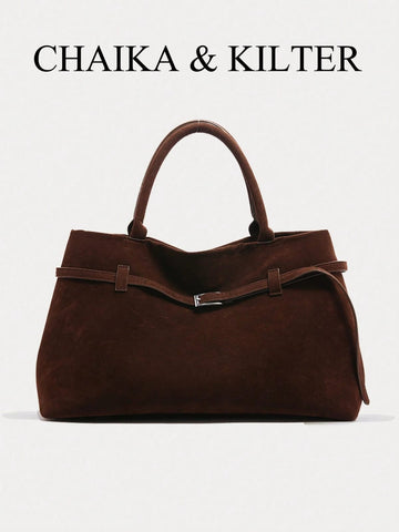 1pc Women Suede Tote Bag, Large Capacity Casual Handbag With Magnetic Closure