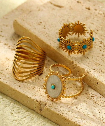 Onelike 3pcs Stainless Steel Golden Yellow, White Oil Drop Ring, Blue Oil Drop Ring Set, Suitable For Daily Wear Or Gift Giving