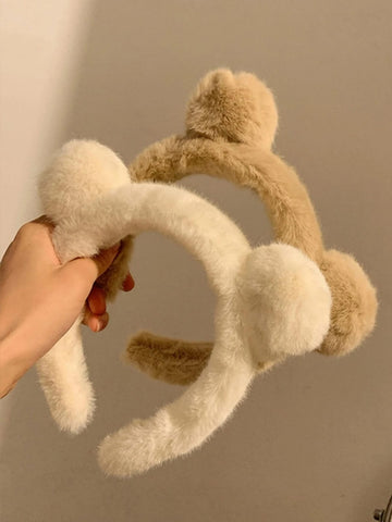 2pcs Women Pompom Decor Fuzzy Cute Headband For Hair Decoration,Animal Ears