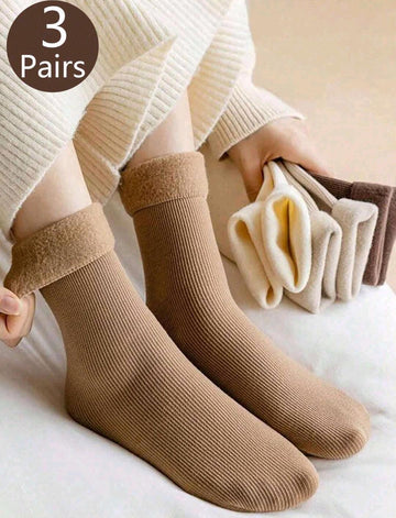 3Pairs Women Socks Fluffy Socks Autumn And Winter Reinforced Floor Socks, Thermal Thick Socks Cold Warm Self-Heating Snow Socks, Mid-Tube Socks, Plush Socks