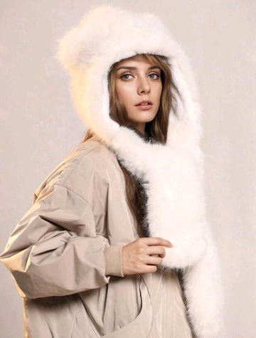 1pc Women Plush Bear Ear Solid Color Beanie Hat, Warm, Thick, Outdoor Use, Party, Street Wear, Autumn/Winter, With Scarf And Glove 3-Piece Set, Cute, Suitable For Daily Use