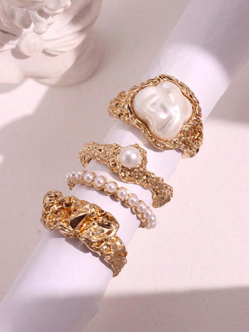 4pcs/Set Fashionable Elegant Vintage Metal Geometric & Pearl Ring Set For Women, Daily Wear & Gift