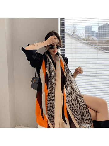 Fashionable Geometric Orange And Black Printed Color Block Shawl For Women