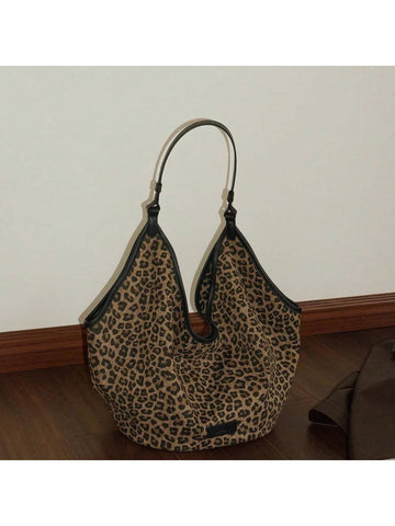 European & American Leopard Print Large Capacity Tote Bag For Women, Vintage Crossbody Shoulder Bag, Fashionable Versatile Commuter Handbag, Lepard Print Cheetah Bag