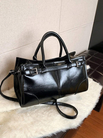 Women's Fashion Tote Bag, Large Capacity Shiny Shoulder Bag With Strap, Black