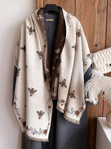 1pc Elegant Floral & Bee Pattern Jacquard Faux Cashmere Warm Scarf For Women, Daily Wear Fashionable Air-Conditioned Shawl
