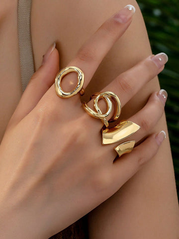 (3pcs/Set) Punk Style Exaggerated Glossy Round Opening Ring, Geometric Curved Surface Ring, And Geometric Glossy Cross Ring. European And American INS Niche Design Geometric Ring Set (3 Rings). Color-Preserving And Thick Rings Jewelry