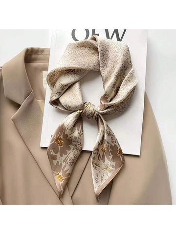 1pc Women's 70cm Satin Scarf With Imitation Bandana , For Neck Head , Hair Decoration In Khaki With Small Flower Prints Ideal For Vacation And Daily Wear Elegant Bandana,Hair Band,Head Band Ideal For Dressing Up Your Look Valentine's Day