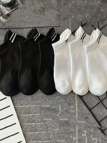 6 Pairs (3 Black, 3 White) Sports Striped Crew Socks, Gym