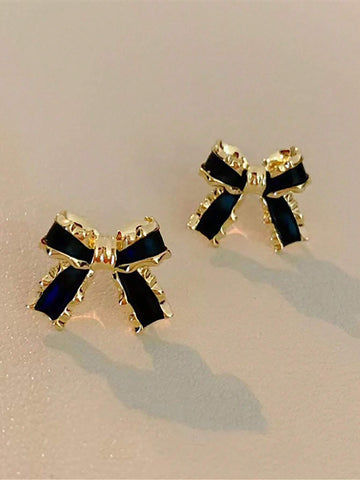 1 Pair Of Black And Gold Bowknot Stud Earrings With Elegant And Sophisticated Design Unique Gift Ear Jewelry. Halloween Valentine's Day