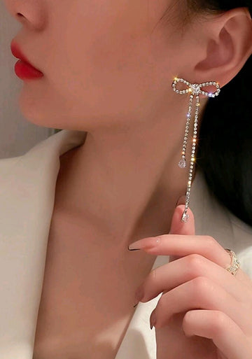 1pair Women's Silver Bowknot Copper Fringed Water Drop Cubic Zirconia Earrings, Suitable For Bridal Wedding Valentine's Day Valentines