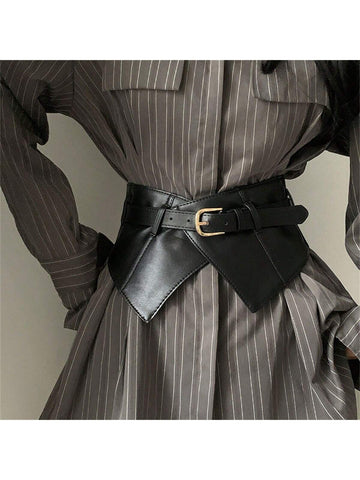 1pc Women Solid Color Casual Vintage Elegant PU Leather Belt, Suitable For Dress, Coat, Sweater, Versatile Elastic Waist Cincher, Black