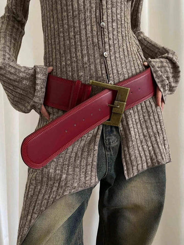 1pc Women's Burgundy PU Leather Wide Buckle Vintage Belts For Waist Slimming Halloween