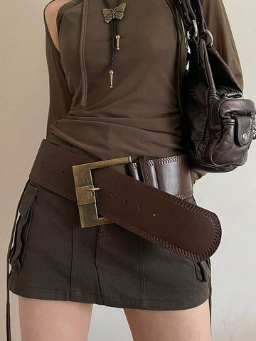 1pc Women's Vintage Wide PU Leather Belt, Retro Large Buckle Niche Waist Belt, 2024 New European And American Punk Outerwear Belt For Women, Suitable For Christmas, Queuing, Carnival, Accessory, Slimming, Cute, Matching, Club Wear