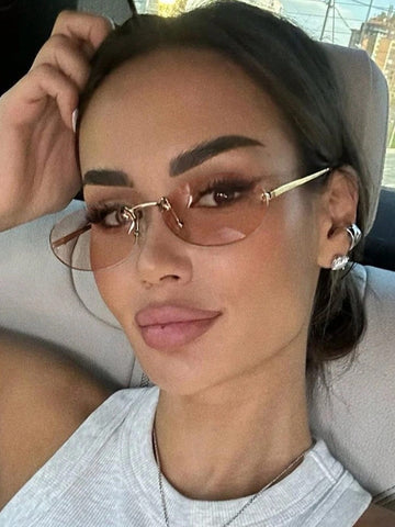 1 Pair Women's Champagne Oval Frameless Metal Leg Edgy Small Frame Fashion Eyeglasses, Suitable For Everyday Wear