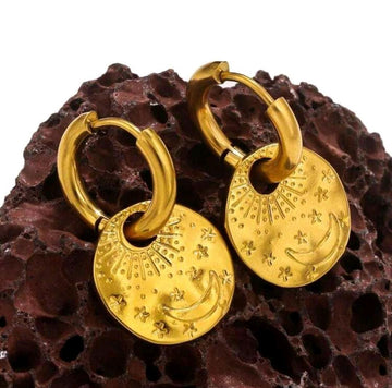1 Pair Of Stainless Steel 18k Gold Plated Earrings Geometric Earrings Retro Fashion Ladies Moon Star Earrings Valentine's Day Gift Jewelry Jewelry