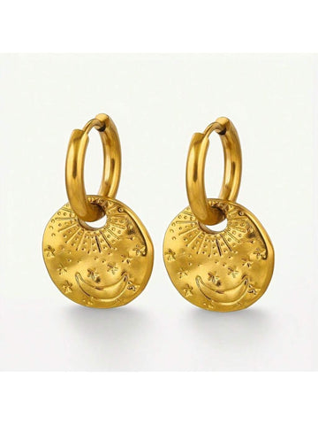 1 Pair Of Stainless Steel 18k Gold Plated Earrings Geometric Earrings Retro Fashion Ladies Moon Star Earrings Valentine's Day Gift Jewelry Jewelry