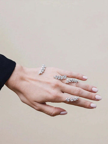 STONEFANS 1pc Luxury Crystal Leafy Branch Hand Chain Palm Cuff Bracelet With Finger Ring For Bride Wedding Jewelry