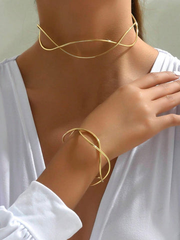 1set Women's Gold-Tone Asymmetrical Shaped Metal Statement Necklace & Bracelet Set