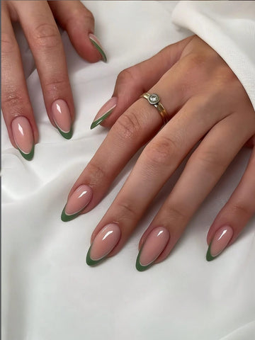 24 Pcs European & American Style Romantic Green French Almond Nail & Jelly Gel & Nail File Set, Spring Collection Press On Nails