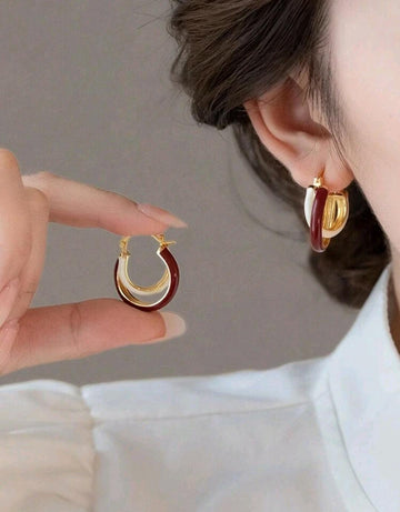 1 Pair 2pcs Burgundy Color Block French Retro Design Personality Elegant Earrings, High-End Luxe Earrings For Autumn/Winter