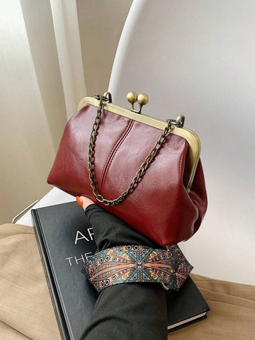 Retro Burgundy Shoulder Bag Crossbody Bag With Bohemian Style Bag Strap Solid Color Handbag Women Evening Bags