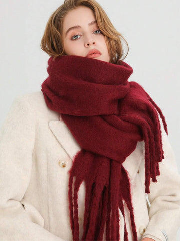 1 Pc Women Winter Scarf Horsehair Black Imitate Cashmere Shawls And Wraps Thick Warm Lady's Fashion Solid Colors Tassel Pull Plush Scarves Outdoor Women Shawl