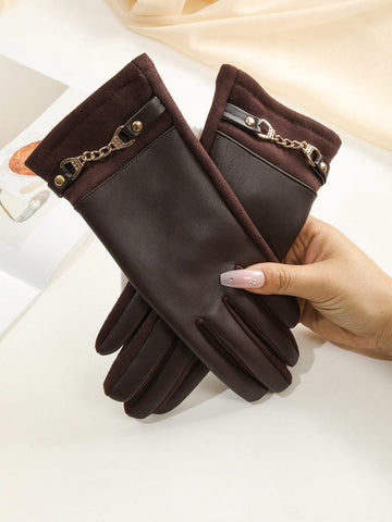 1pair Brown Faux Leather Gloves With Thermal Lined & Touchscreen Functionality For Women, Fashion Motorcycle Style, Suitable For Spring, Autumn & Winter Halloween