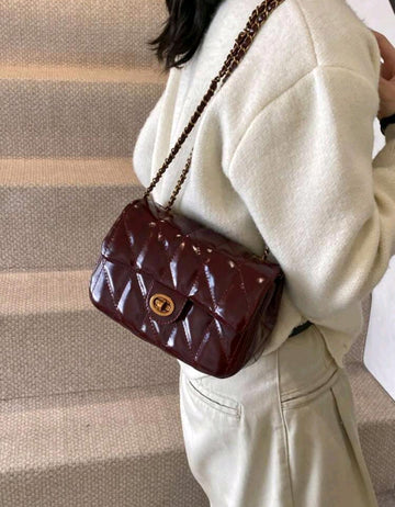 Fashion Classic Joker Solid Color Pu Waterproof Fabric, Diamond Lattice Splicing Design Chain Square Bag