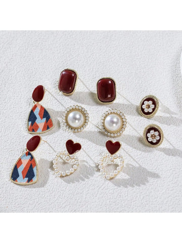 10pcs Minimalist Pearl Floral Hollow Heart Shaped Luxury & Unique Earring Set, Women's Fashion Accessory Suitable For Dating, Party, Daily Wear, Gift