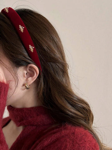 1pc 2cm Wide Women's Red Velvet Bee-Shaped Hairband With Sponge Anti-Slip Clamp, Suitable For Party, Dance Party, Campus Fashion And Daily Use Christmas,Christmas Accessories