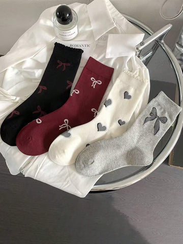 4Pairs Autumn/Winter New Bowknot & Heart Decor Lace Trim Ankle Socks For Women