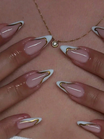 24pcs Medium Almond Press On Nails With Red French Tip&Red Line Design Glossy Full Cover Fake Nails For Women Girls Daily Wear