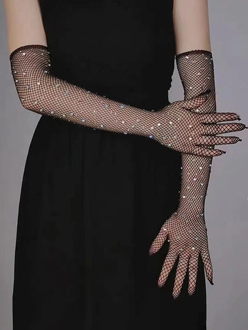 Rhinestone Decor Fingerless Gloves