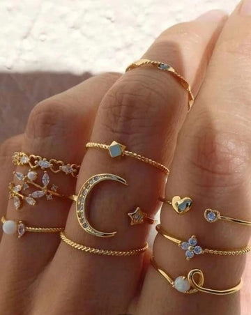 10pcs/set Fashionable Zinc Alloy Cubic Zirconia Moon & Heart Decor Ring