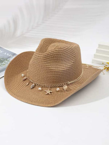 Starfish & Faux Pearl Decor Straw Cowboy Hat